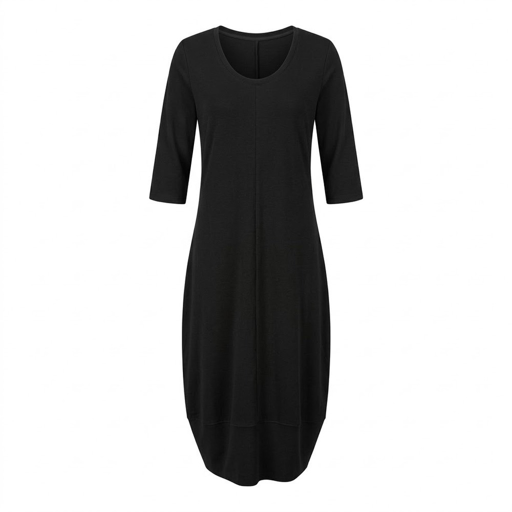 NEW Eva Tralala Size 2 Paris Black Lagenlook Tulip Hem Midi‎ Dress 3/4 Sleeve